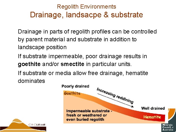 Regolith Environments Drainage, landsacpe & substrate Drainage in parts of regolith profiles can be