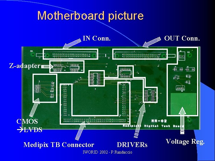 Motherboard picture IN Conn. OUT Conn. Z-adapter CMOS LVDS Medipix TB Connector DRIVERs IWORID