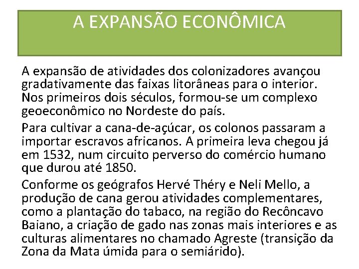 A EXPANSÃO ECONÔMICA A expansão de atividades dos colonizadores avançou gradativamente das faixas litorâneas