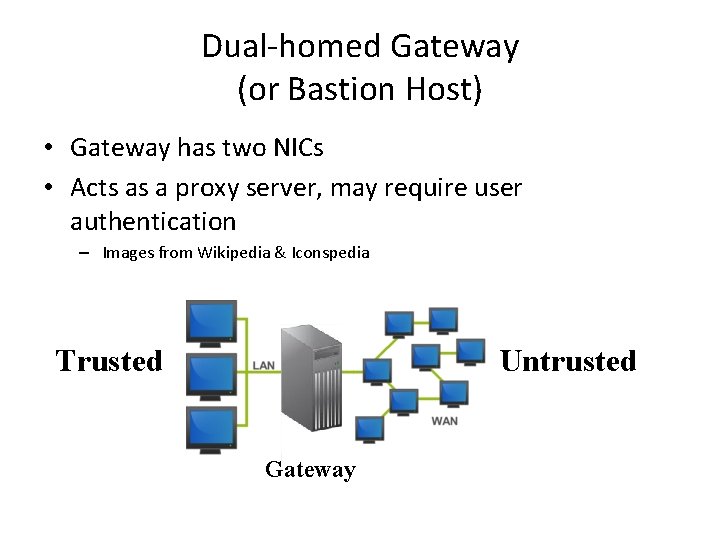 Dual-homed Gateway (or Bastion Host) • Gateway has two NICs • Acts as a