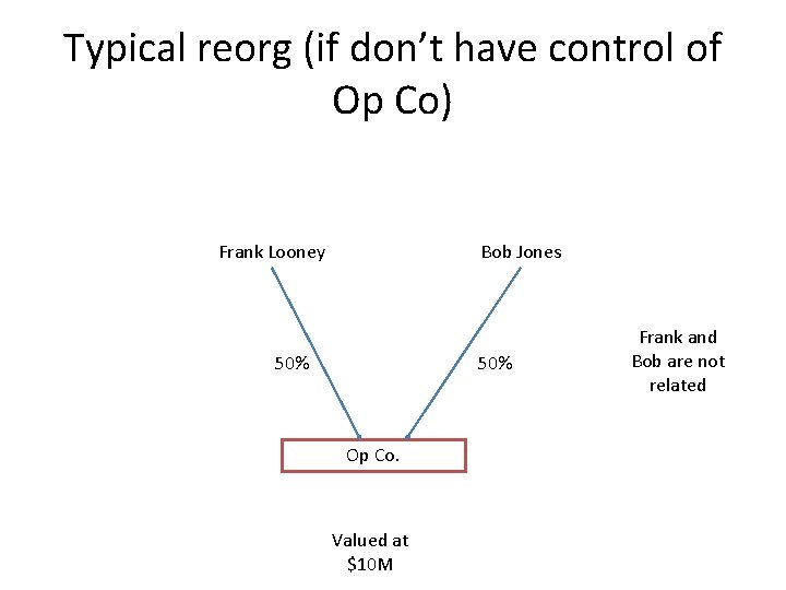 Typical reorg (if don’t have control of Op Co) Frank Looney Bob Jones 50%
