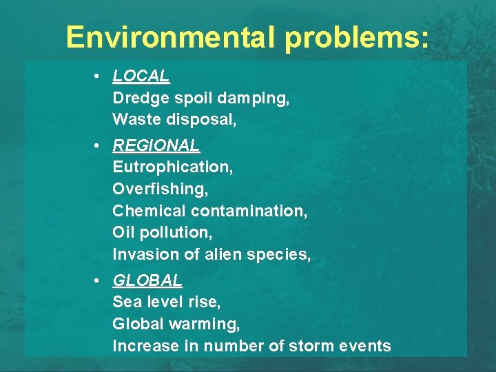 Environmental problems: • LOCAL Dredge spoil damping, Waste disposal, • REGIONAL Eutrophication, Overfishing, Chemical
