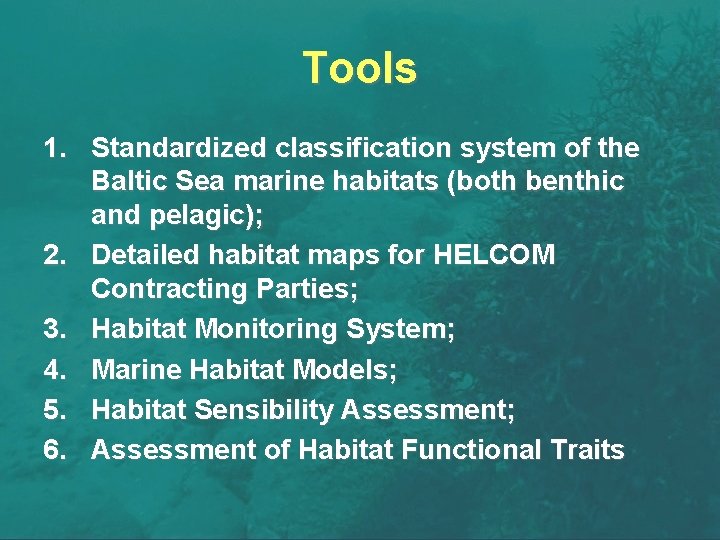 Tools 1. Standardized classification system of the Baltic Sea marine habitats (both benthic and