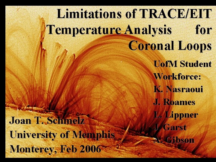 Limitations of TRACE/EIT Temperature Analysis for Coronal Loops Joan T. Schmelz University of Memphis
