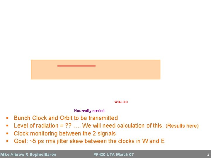 WILL DO Not really needed § § Bunch Clock and Orbit to be transmitted