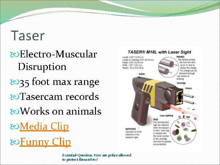 Taser Electro-Muscular Disruption 35 foot max range Tasercam records Works on animals Media Clip