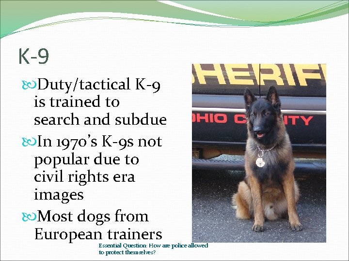 K-9 Duty/tactical K-9 is trained to search and subdue In 1970’s K-9 s not