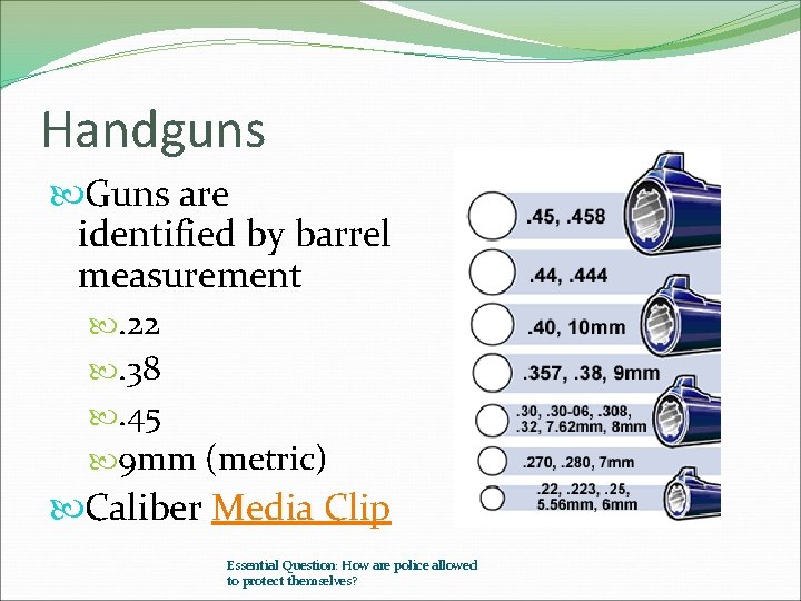 Handguns Guns are identified by barrel measurement . 22 . 38 . 45 9