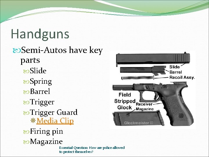 Handguns Semi-Autos have key parts Slide Spring Barrel Trigger Guard Media Clip Firing pin