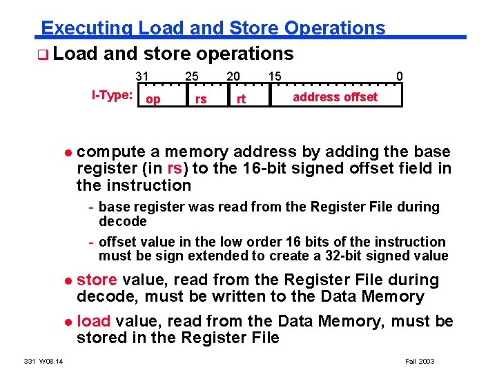 Executing Load and Store Operations q Load and store operations 31 I-Type: l op