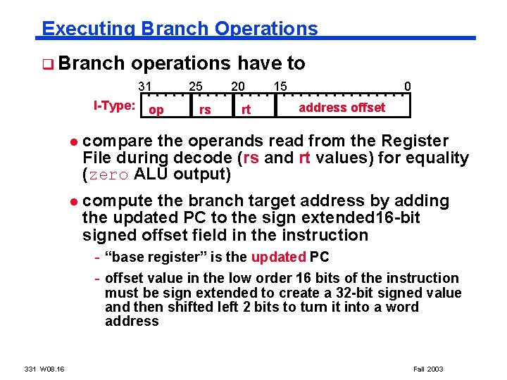 Executing Branch Operations q Branch operations have to 31 I-Type: op 25 rs 20