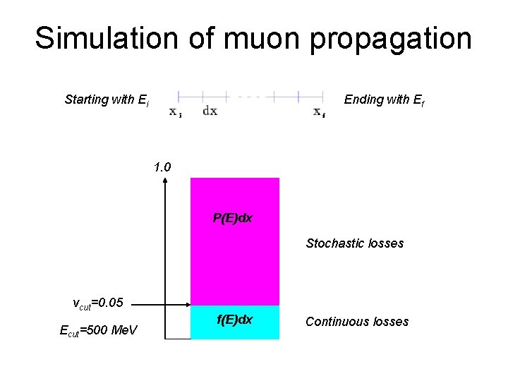 Simulation of muon propagation Starting with Ei Ending with Ef 1. 0 P(E)dx Stochastic Simulation of muon propagation Starting with Ei Ending with Ef 1. 0 P(E)dx Stochastic