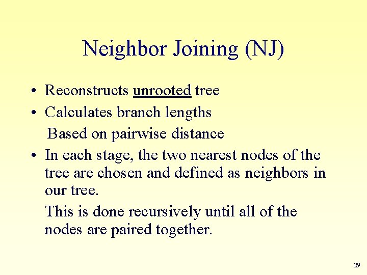 Neighbor Joining (NJ) • Reconstructs unrooted tree • Calculates branch lengths Based on pairwise