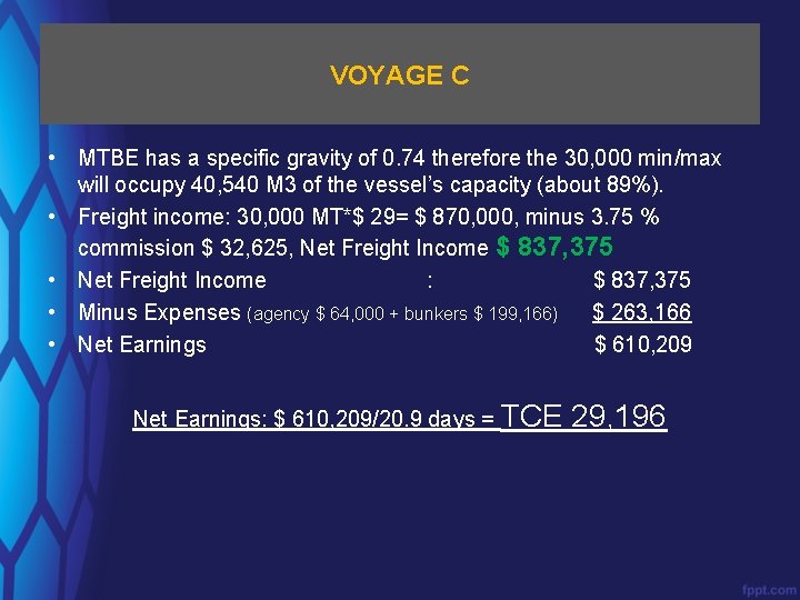VOYAGE C • MTBE has a specific gravity of 0. 74 therefore the 30,