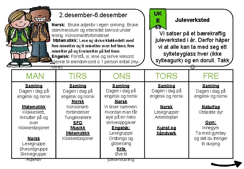2. desember-6. desember Norsk: Bruke adjektiv i egen skriving. Bruke stemmevolum og intensitet bevisst