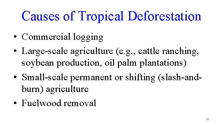 Causes of Tropical Deforestation • Commercial logging • Large-scale agriculture (e. g. , cattle