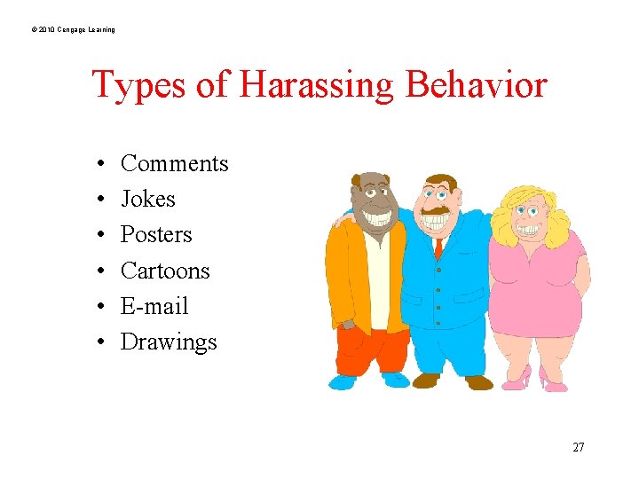 © 2010 Cengage Learning Types of Harassing Behavior • • • Comments Jokes Posters