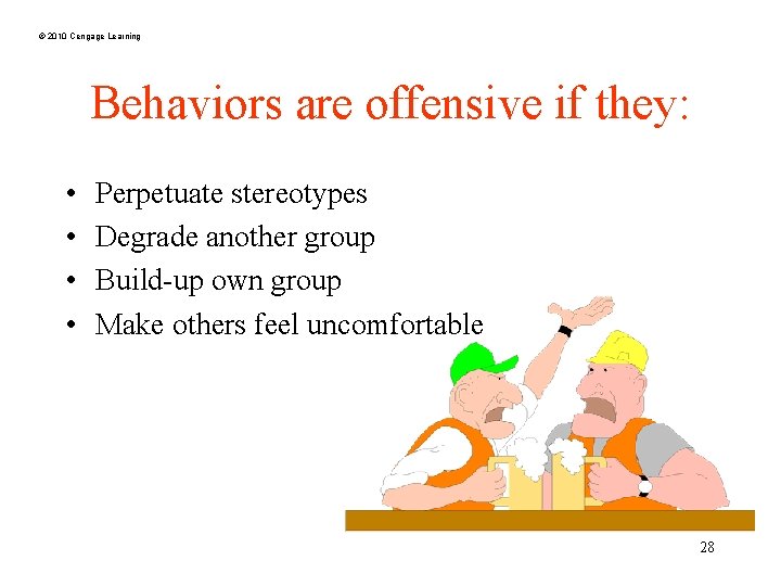 © 2010 Cengage Learning Behaviors are offensive if they: • • Perpetuate stereotypes Degrade