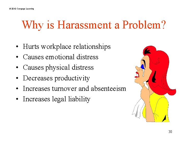 © 2010 Cengage Learning Why is Harassment a Problem? • • • Hurts workplace