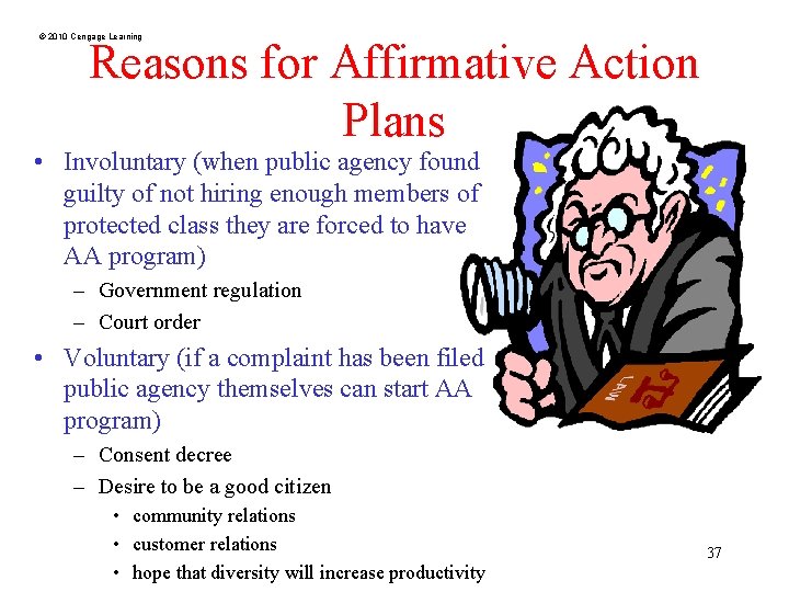 © 2010 Cengage Learning Reasons for Affirmative Action Plans • Involuntary (when public agency