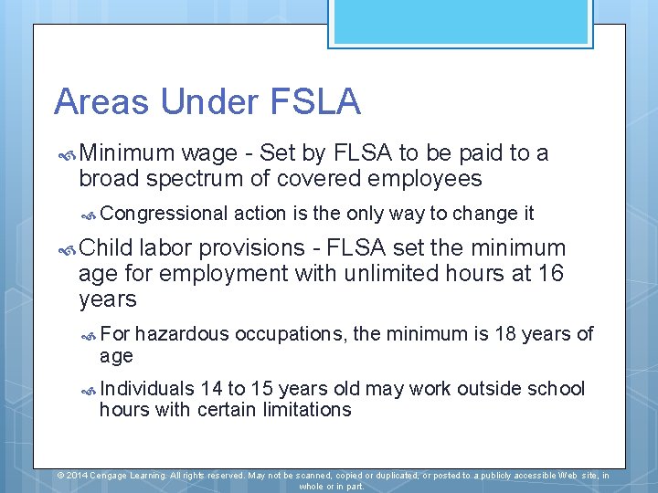 Areas Under FSLA Minimum wage - Set by FLSA to be paid to a