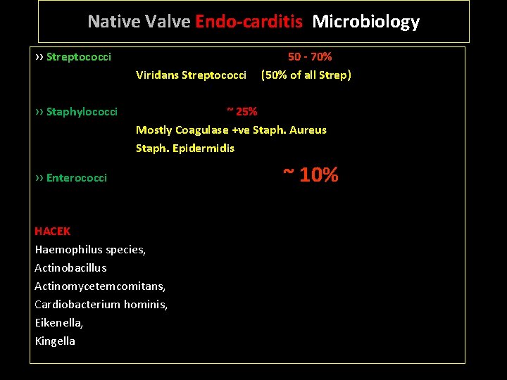 Native Valve Endo-carditis Microbiology ›› Streptococci Viridans Streptococci ›› Staphylococci 50 - 70% (50%