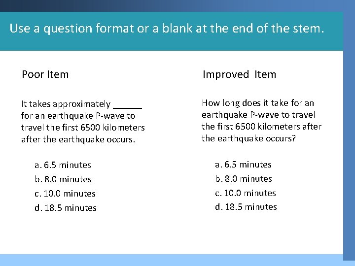 Use a question format or a blank at the end of the stem. Poor