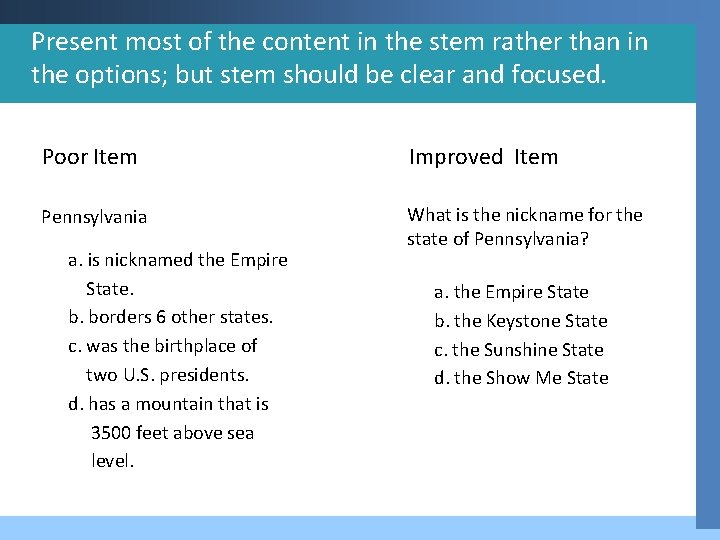 Present most of the content in the stem rather than in the options; but