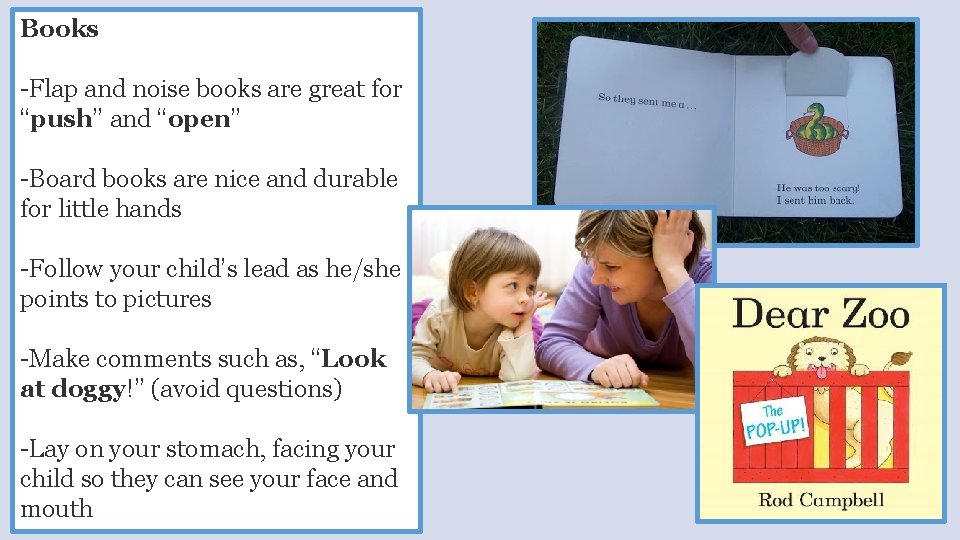 Books -Flap and noise books are great for “push” and “open” -Board books are