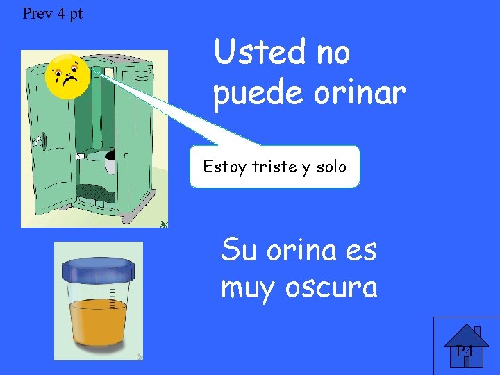 Prev 4 pt Usted no puede orinar Estoy triste y solo Su orina es