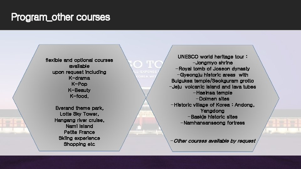 Program_other courses flexible and optional courses available upon request including K-drama K-Pop K-Beauty K-food.