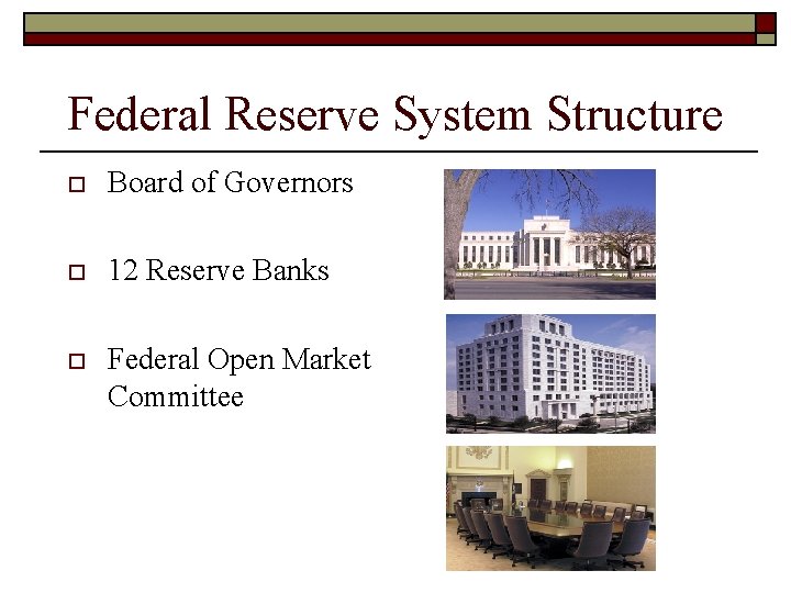 Federal Reserve System Structure o Board of Governors o 12 Reserve Banks o Federal