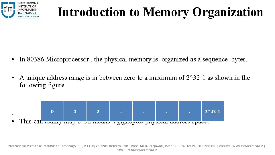 Introduction to Memory Organization • In 80386 Microprocessor , the physical memory is organized