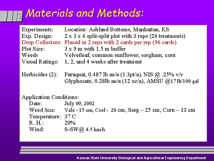 Materials and Methods: Experiments: Exp. Design: Drop Collectors: Plot Size: Weeds Visual Ratings: Location: