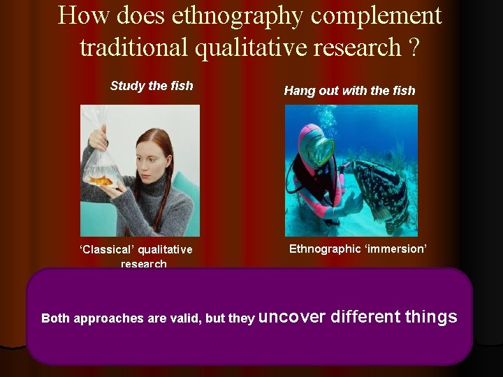 How does ethnography complement traditional qualitative research ? Study the fish ‘Classical’ qualitative research