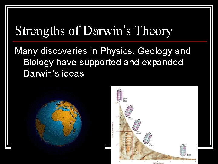 Strengths of Darwin’s Theory Many discoveries in Physics, Geology and Biology have supported and