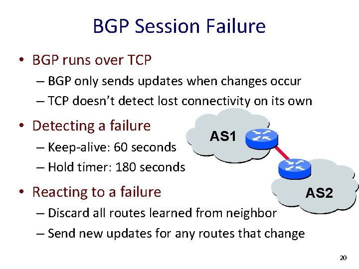 BGP Session Failure • BGP runs over TCP – BGP only sends updates when