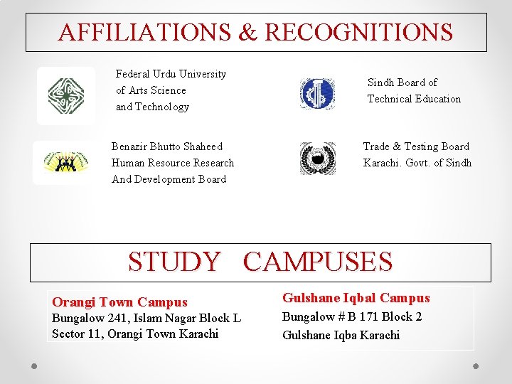 AFFILIATIONS & RECOGNITIONS Federal Urdu University of Arts Science and Technology Benazir Bhutto Shaheed