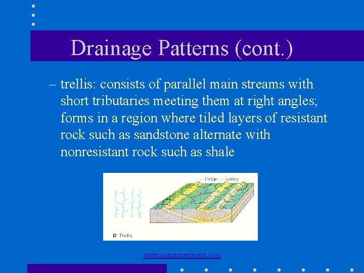 Drainage Patterns (cont. ) – trellis: consists of parallel main streams with short tributaries