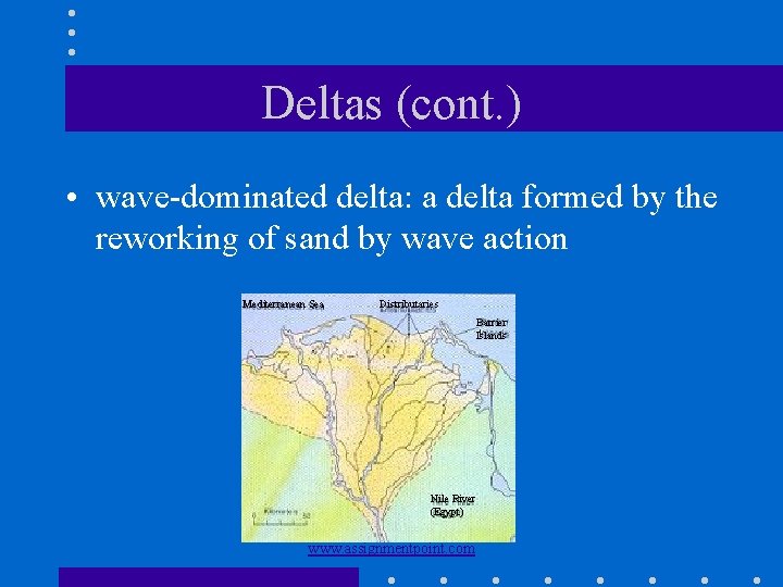 Deltas (cont. ) • wave-dominated delta: a delta formed by the reworking of sand