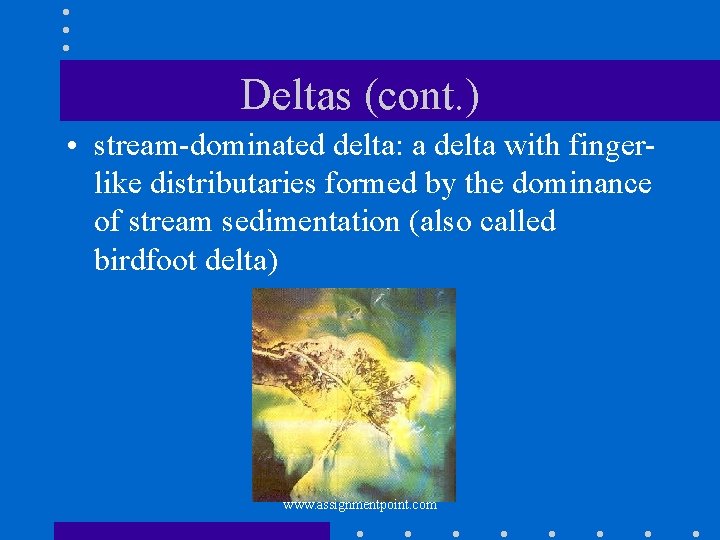 Deltas (cont. ) • stream-dominated delta: a delta with fingerlike distributaries formed by the