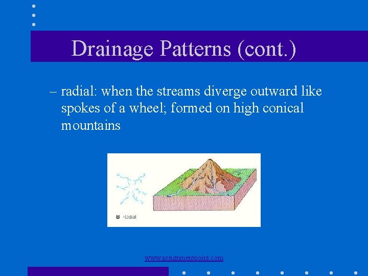 Drainage Patterns (cont. ) – radial: when the streams diverge outward like spokes of