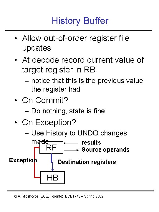 History Buffer • Allow out-of-order register file updates • At decode record current value History Buffer • Allow out-of-order register file updates • At decode record current value