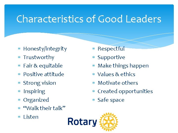 Characteristics of Good Leaders Honesty/integrity Trustworthy Fair & equitable Positive attitude Strong vision Inspiring Characteristics of Good Leaders Honesty/integrity Trustworthy Fair & equitable Positive attitude Strong vision Inspiring