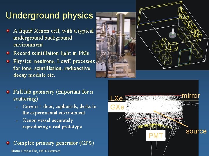 Underground physics A liquid Xenon cell, with a typical underground background environment Record scintillation