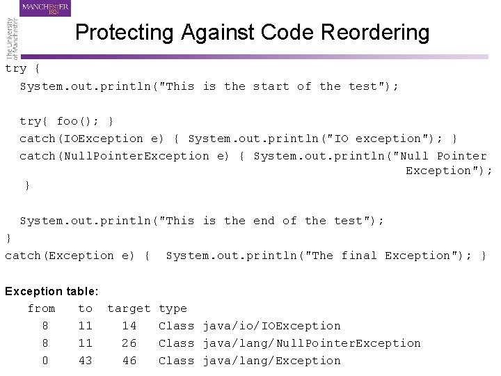 Protecting Against Code Reordering try { System. out. println("This is the start of the