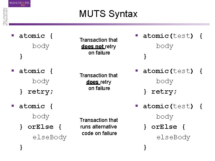 MUTS Syntax § atomic { body } Transaction that does not retry on failure