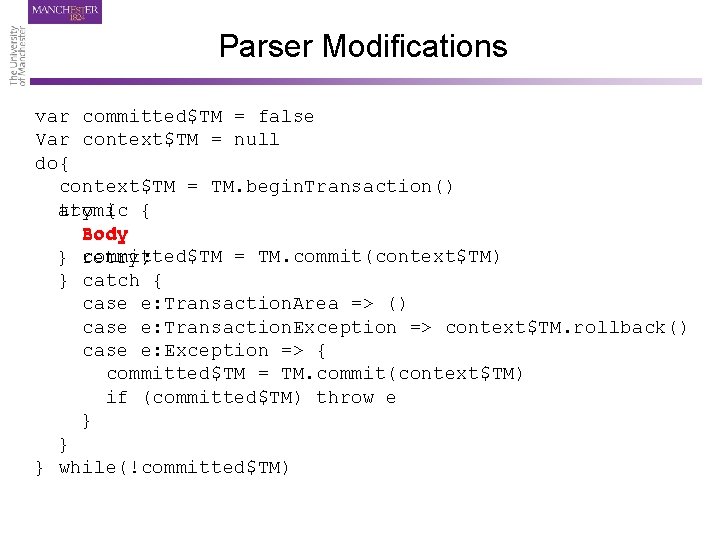 Parser Modifications var committed$TM = false Var context$TM = null do{ context$TM = TM.