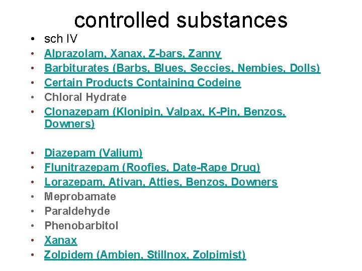 controlled substances • sch IV • • • Alprazolam, Xanax, Z-bars, Zanny Barbiturates (Barbs,