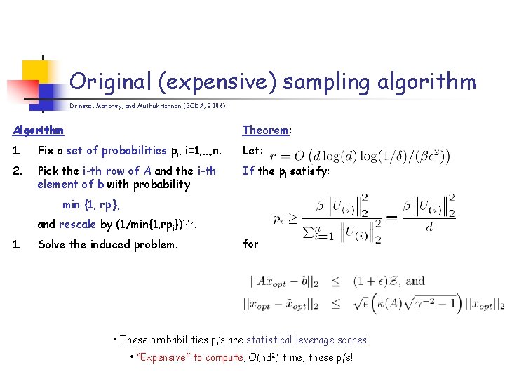 Original (expensive) sampling algorithm Drineas, Mahoney, and Muthukrishnan (SODA, 2006) Algorithm Theorem: 1. Fix